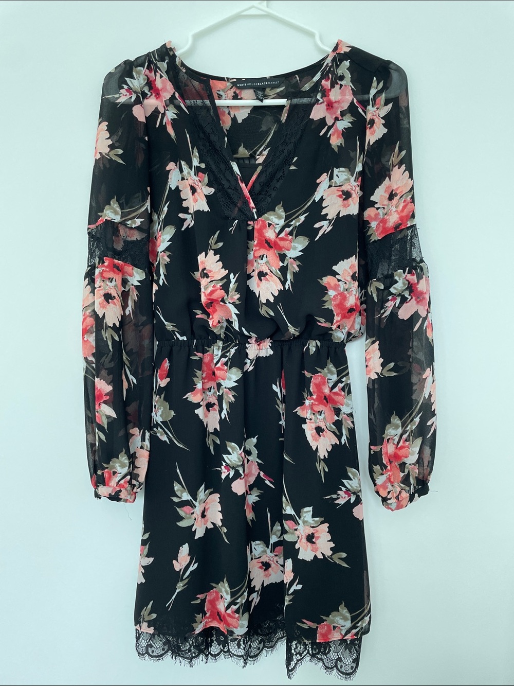 White House Black Market Black Floral Lace-Trim Long Sleeve Dress